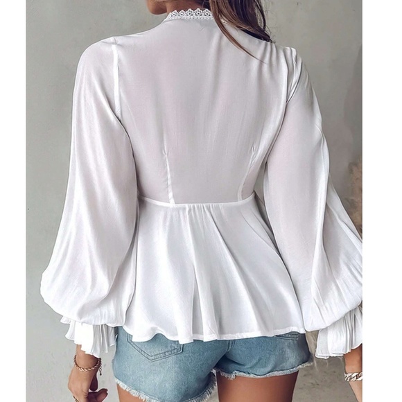 Boho Butterfly Embroidered Front Tie V neck Flounce sleeve Blouse - Picture 6 of 8